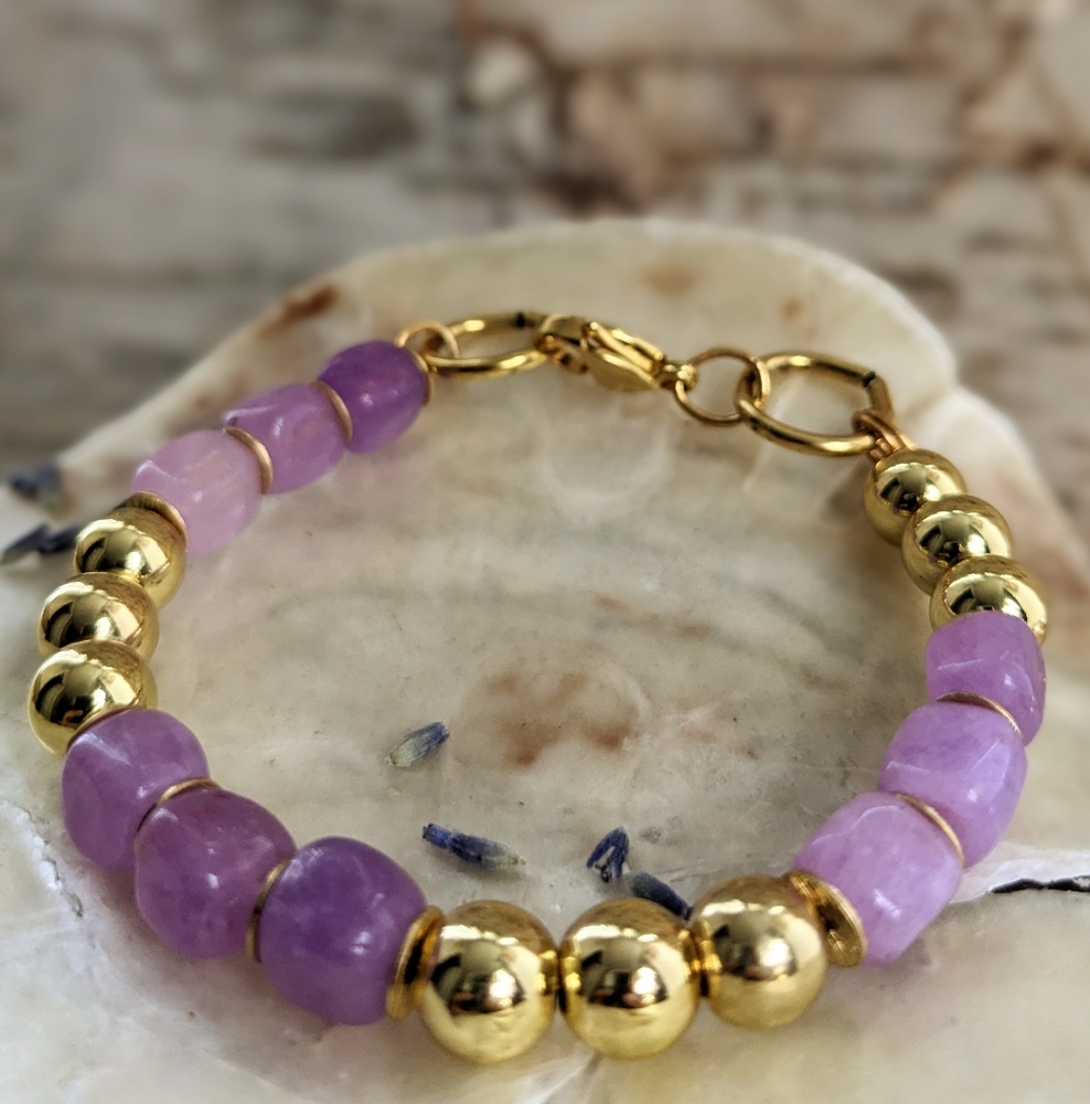 Natural Purple Morganite And Gold Ball Bead Bracelet